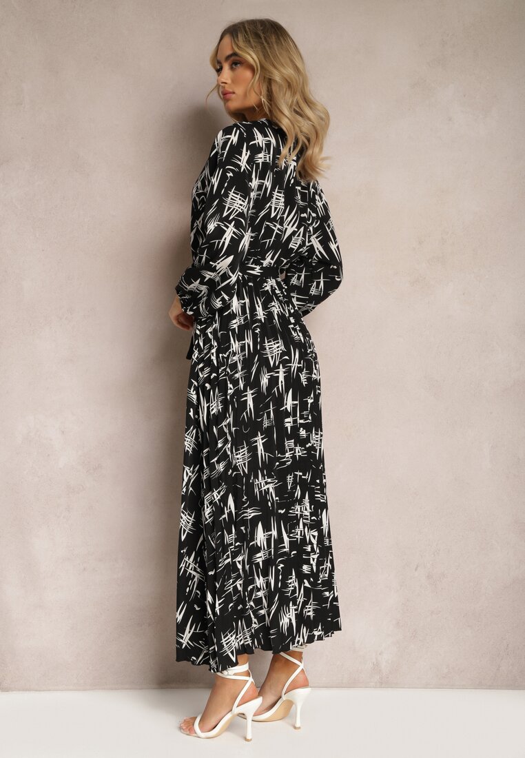 Czarno-Biała Kopertowa Sukienka Maxi z Plisowanym Dołem i Gumką w Talii Amillica