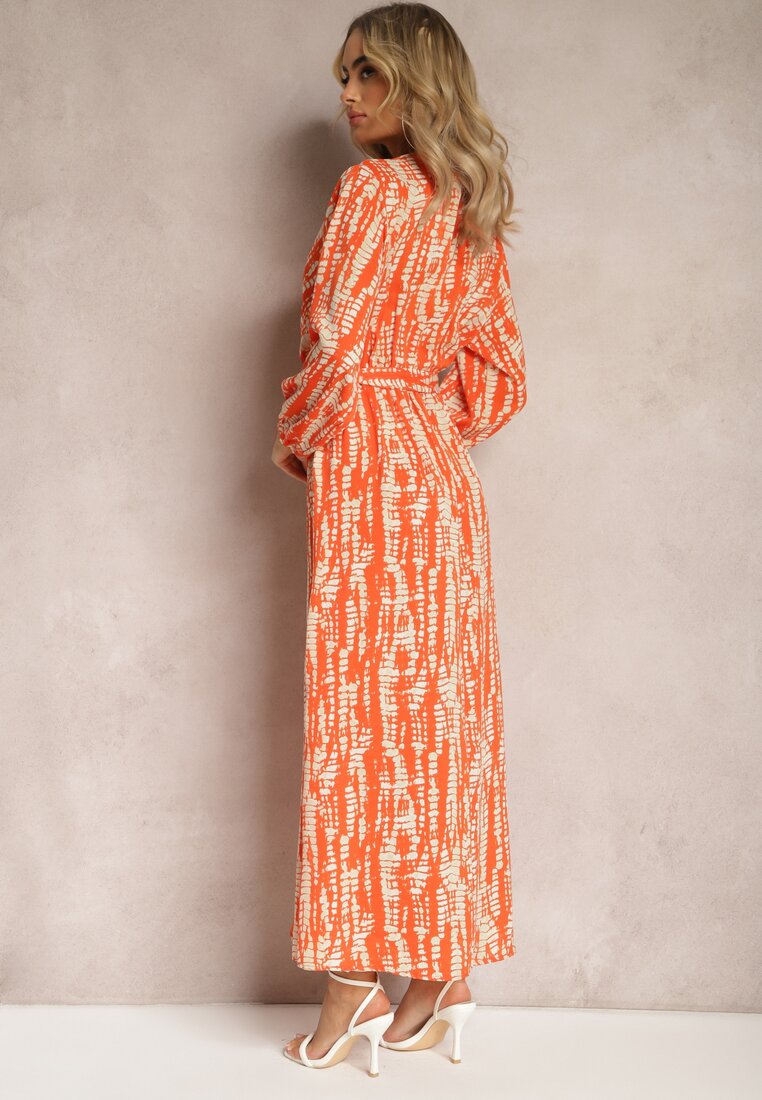 Pomarańczowa Długa Kopertowa Sukienka z Abstrakcyjnym Motywem i Paskiem w Talii Delphinna