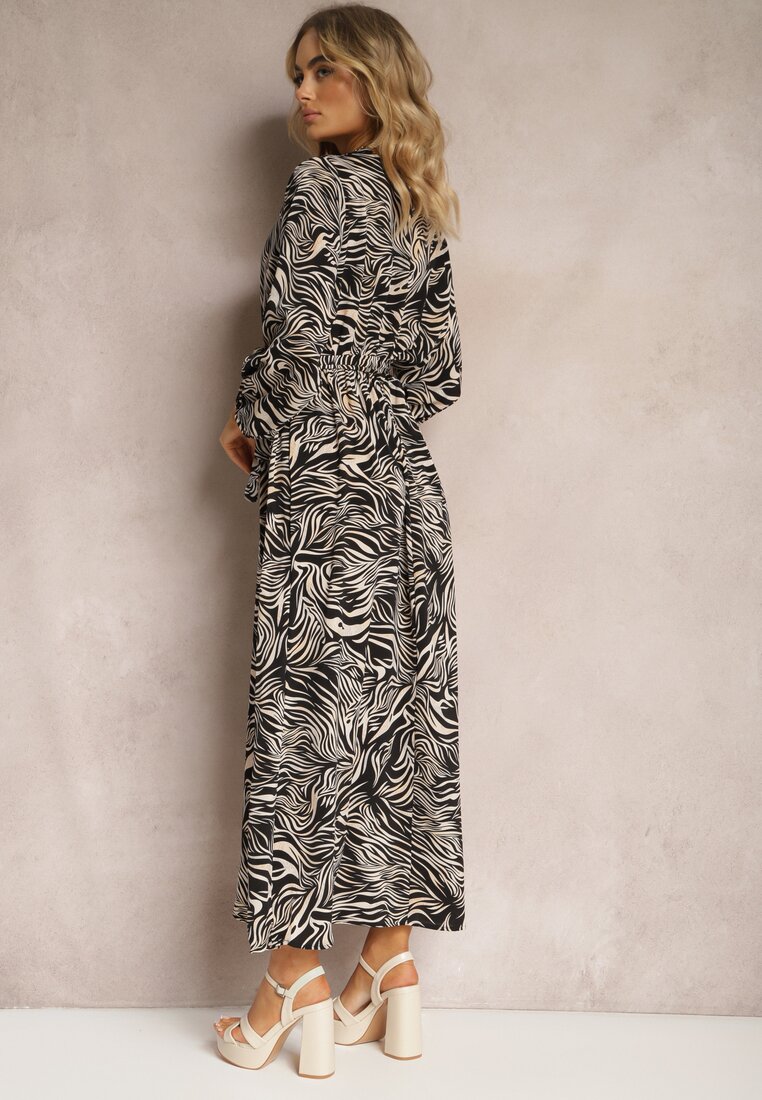 Czarna Kopertowa Sukienka Długa w Abstrakcyjny Wzór z Paskiem w Talii Elennora