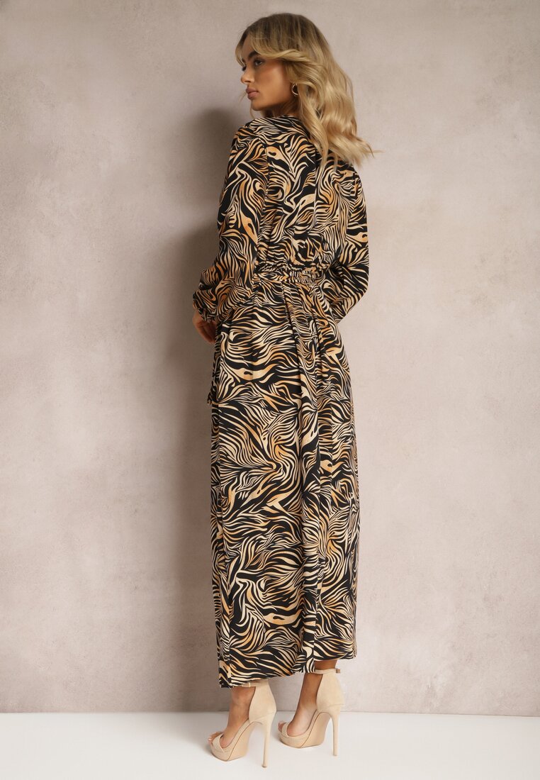 Czarno-Brązowa Kopertowa Sukienka Długa w Abstrakcyjny Wzór z Paskiem w Talii Elennora