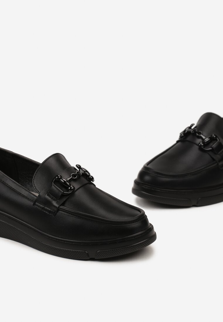 Pantofi negri stil mocasini cu cataramă și branț piele Zinniame