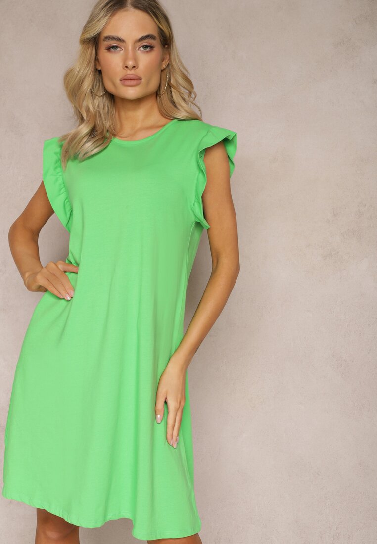 Zielona Trapezowa Sukienka z Elastycznej Bawełny z Falbankami Przy Ramionach Aleradia