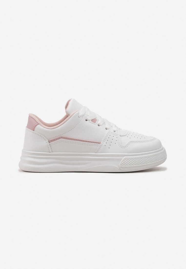 Biało-Różowe Sznurowane Sneakersy Ozdobione Perforacją i Przeszyciami Eglia