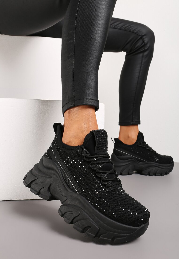 Sneakers Negri pe Platformă cu Carâmb cu Pietre Harilena