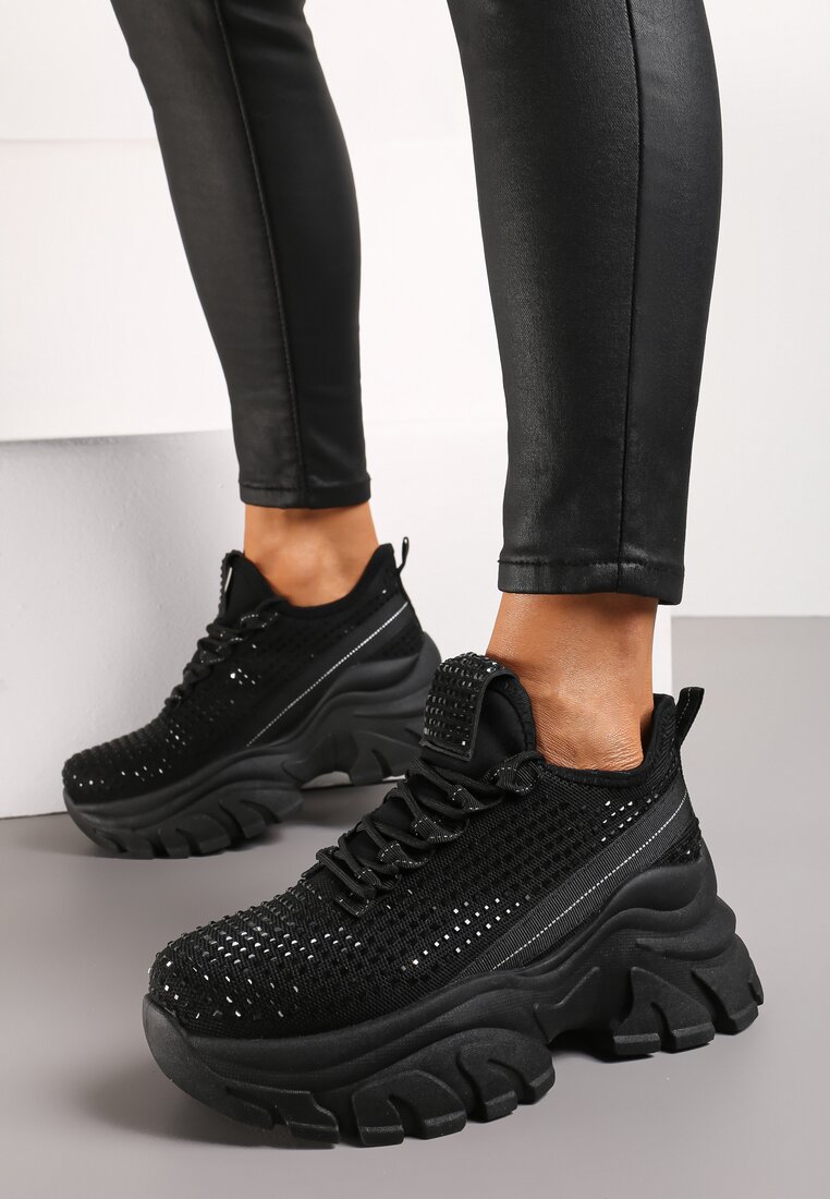 Sneakers Negri pe Platformă cu Carâmb cu Pietre Harilena