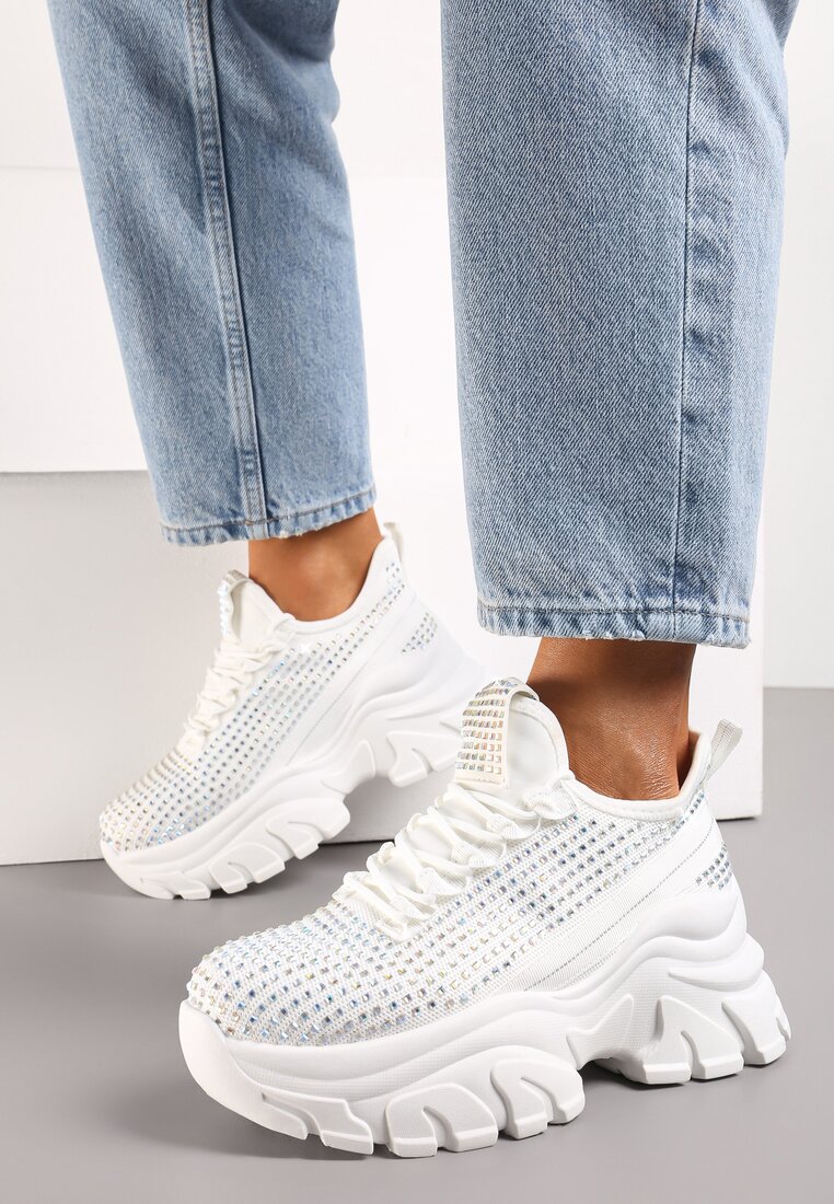 Sneakers Albi pe Platformă cu Partea Superioară cu Pietre Strass Harilena