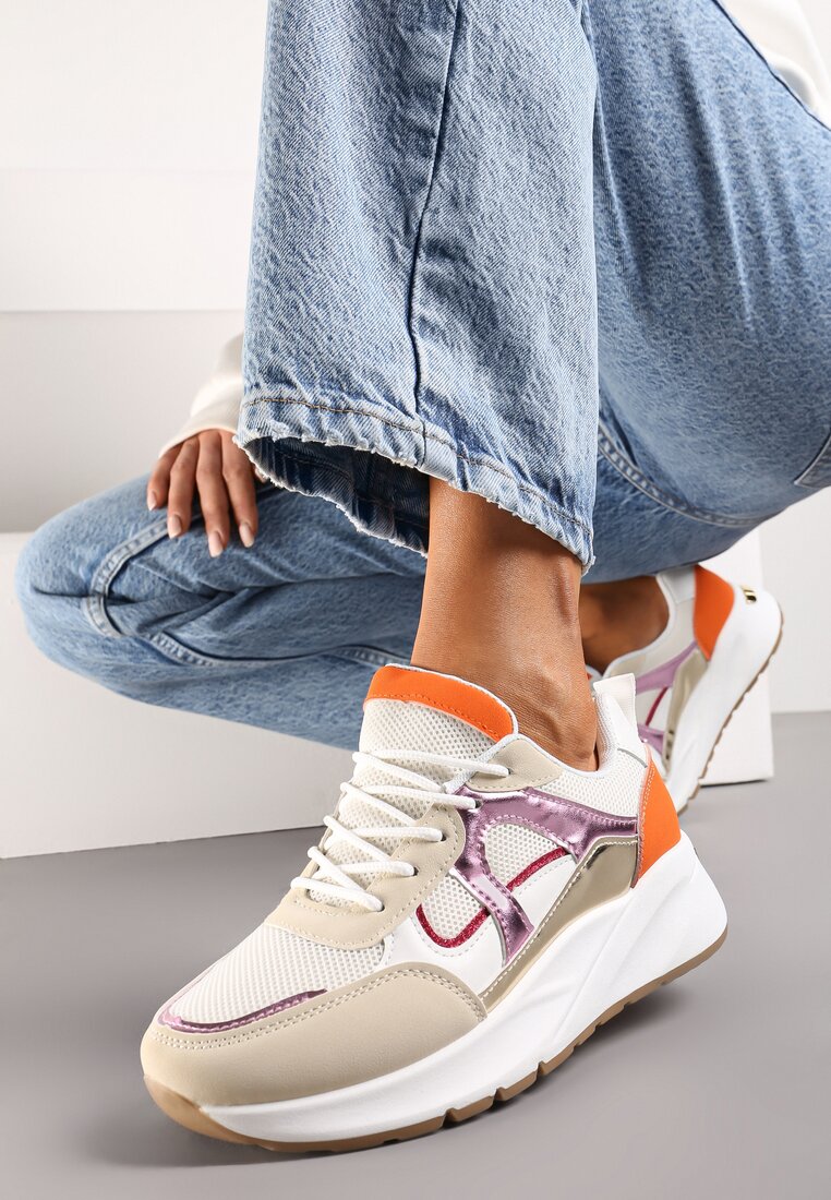 Beżowo-Pomarańczowe Sneakersy na Niskiej Platformie z Ozdobnymi Wstawkami Perforacją i Brokatem Akarine