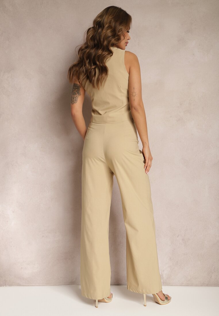 Compleu Bej Sacou Vesta și Pantaloni Drepți High Waist Nithriella