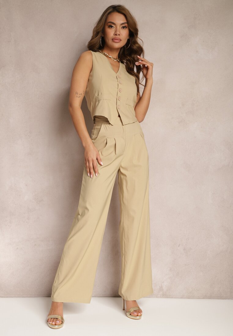 Compleu Bej Sacou Vesta și Pantaloni Drepți High Waist Nithriella