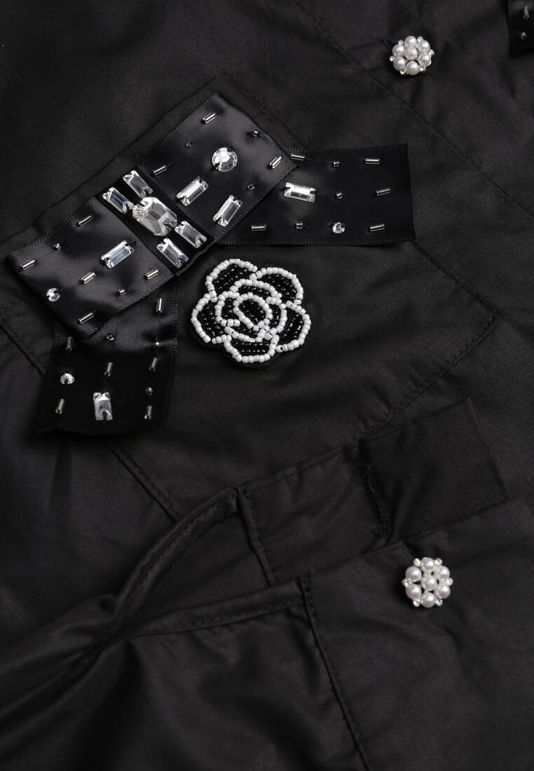 Camasa Neagra Clasica cu Buzunare Decorata cu Pietre Strass si Detaliu Floral Herlla