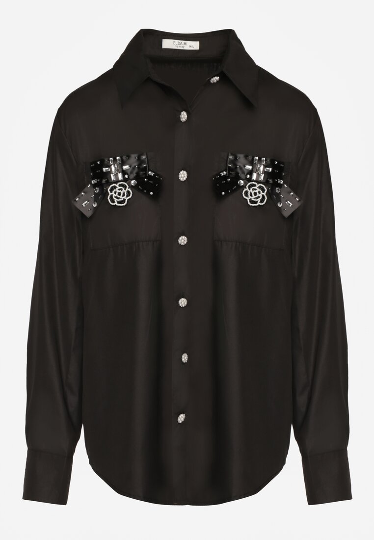 Czarna Klasyczna Koszula z Kieszeniami Zdobiona Cyrkoniami i Kwiatowym Detalem Herlla