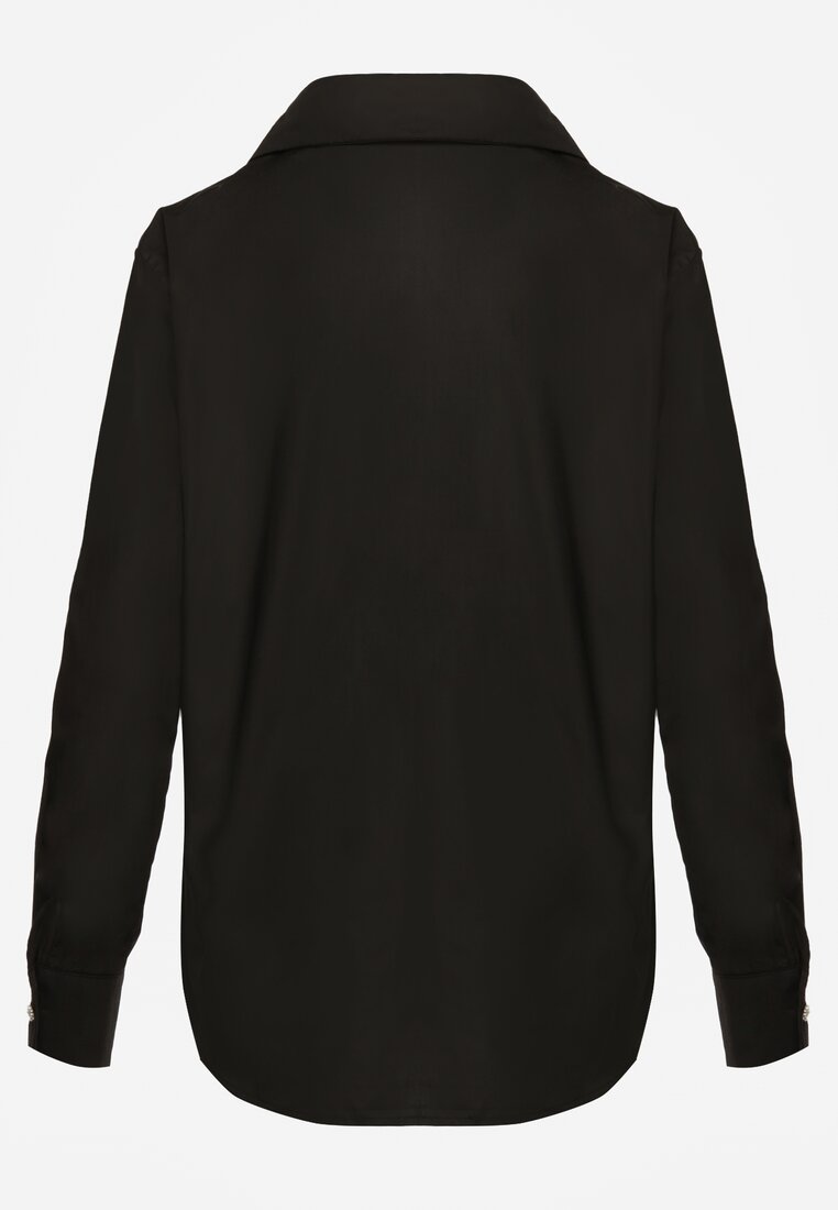 Czarna Klasyczna Koszula z Kieszeniami Zdobiona Cyrkoniami i Kwiatowym Detalem Herlla