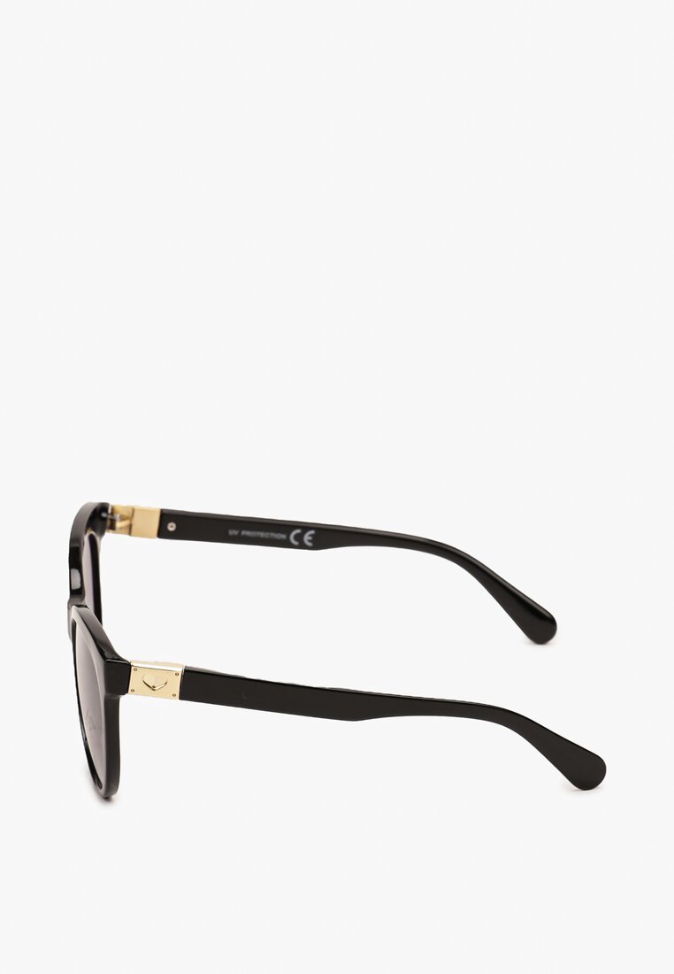 Czarne Okulary Przeciwsłoneczne Typu Kocie Oko z Metaliczną Wstawką i Paskami Levintta