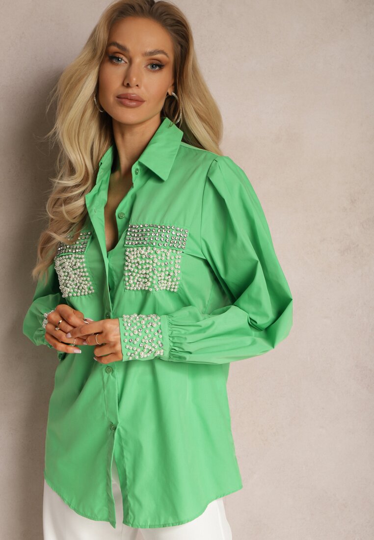 Zielona Koszula z Biżuteryjnymi Cyrkoniami i Perełkami Quezia