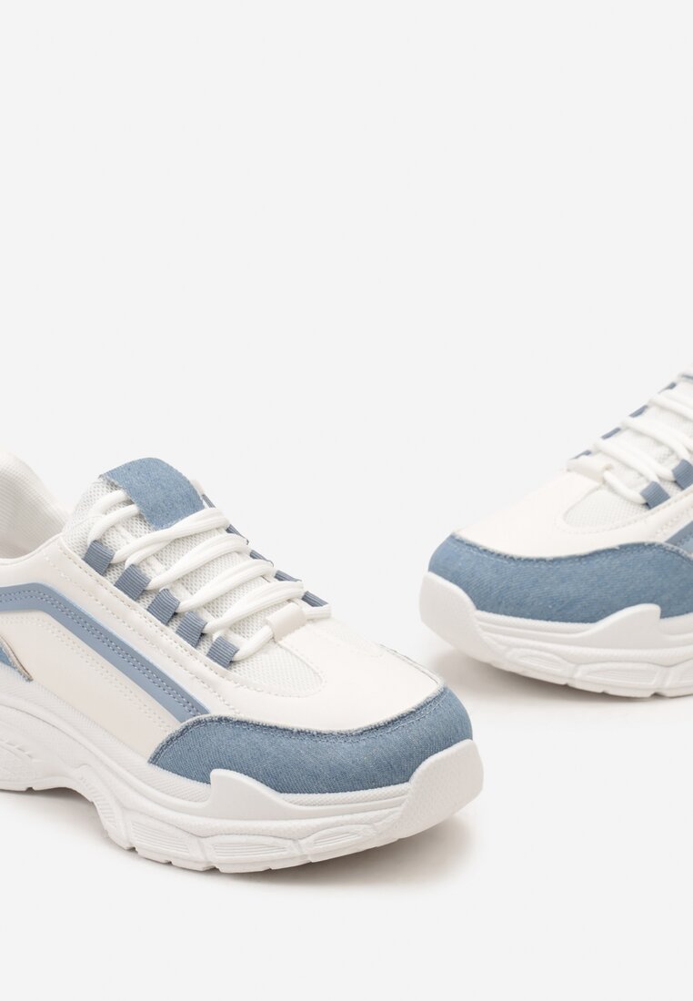 Biało-Niebieskie Casualowe Sneakersy z Ekoskóry z Ozdobnymi Wstawkami i Sznurowaniem Melindia