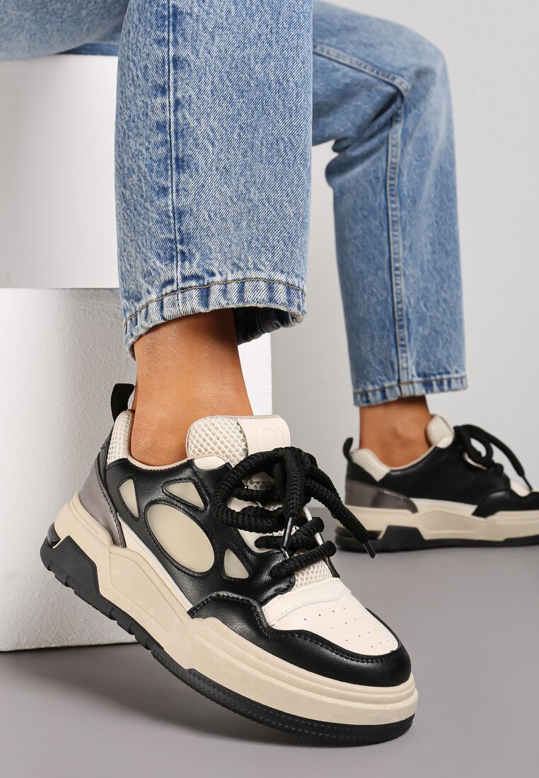 Sneakers Negru-Bej pe Platformă Joasă cu Șireturi Groase Vansyla