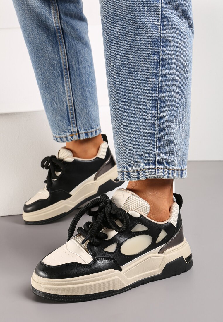 Sneakers Negru-Bej pe Platformă Joasă cu Șireturi Groase Vansyla