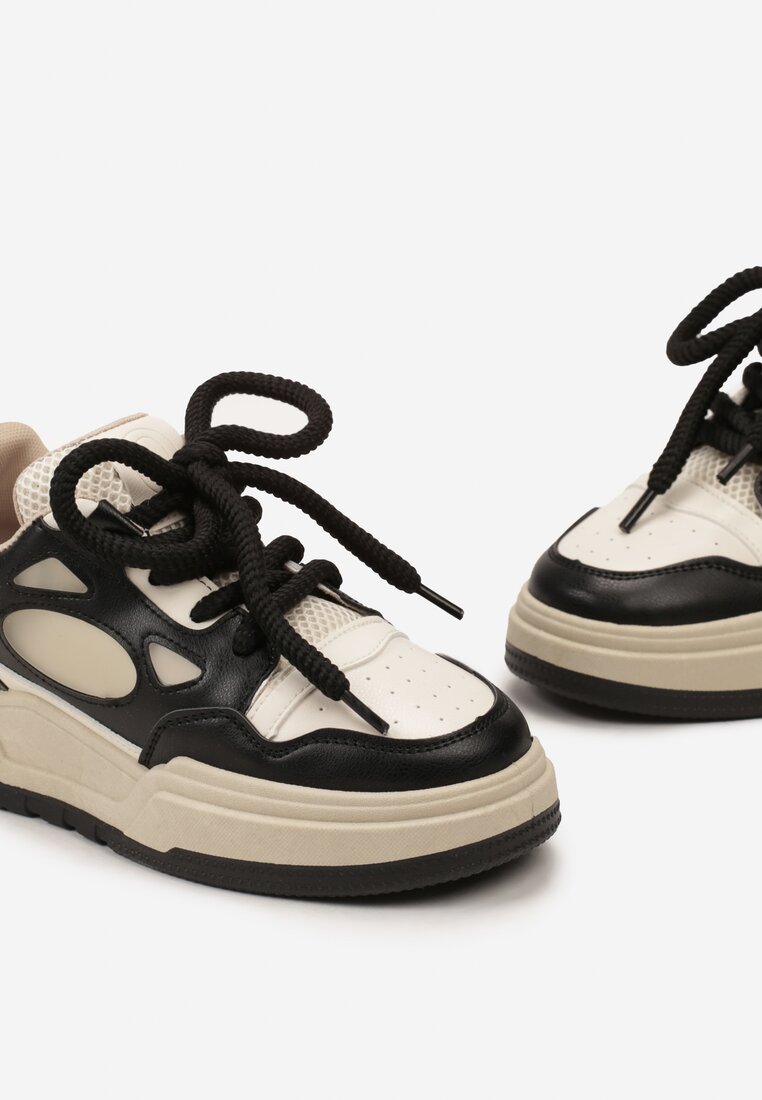 Czarno-Beżowe Sneakersy na Niskiej Platformie z Grubymi Sznurowadłami Vansyla