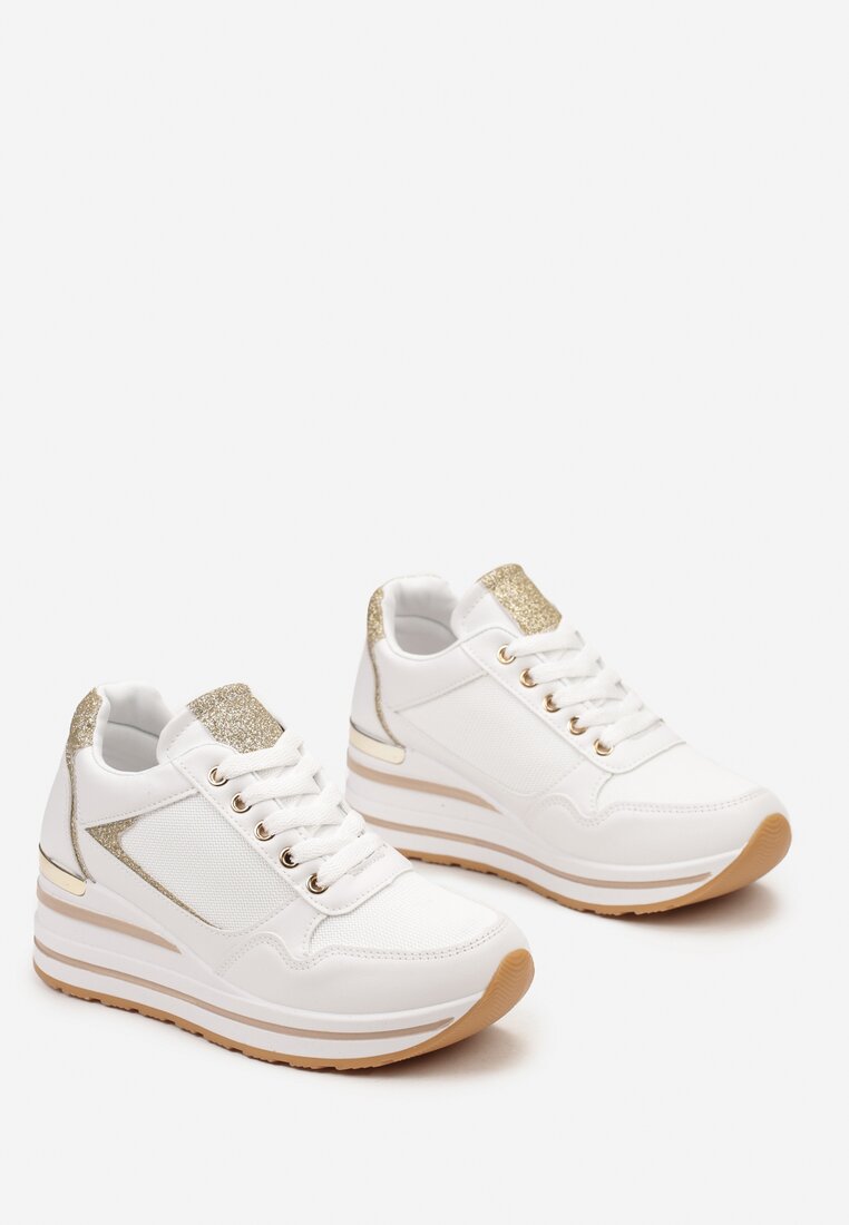 Białe Sneakersy na Niskiej Platformie ze Wstawkami Brokatowymi Gwenoa
