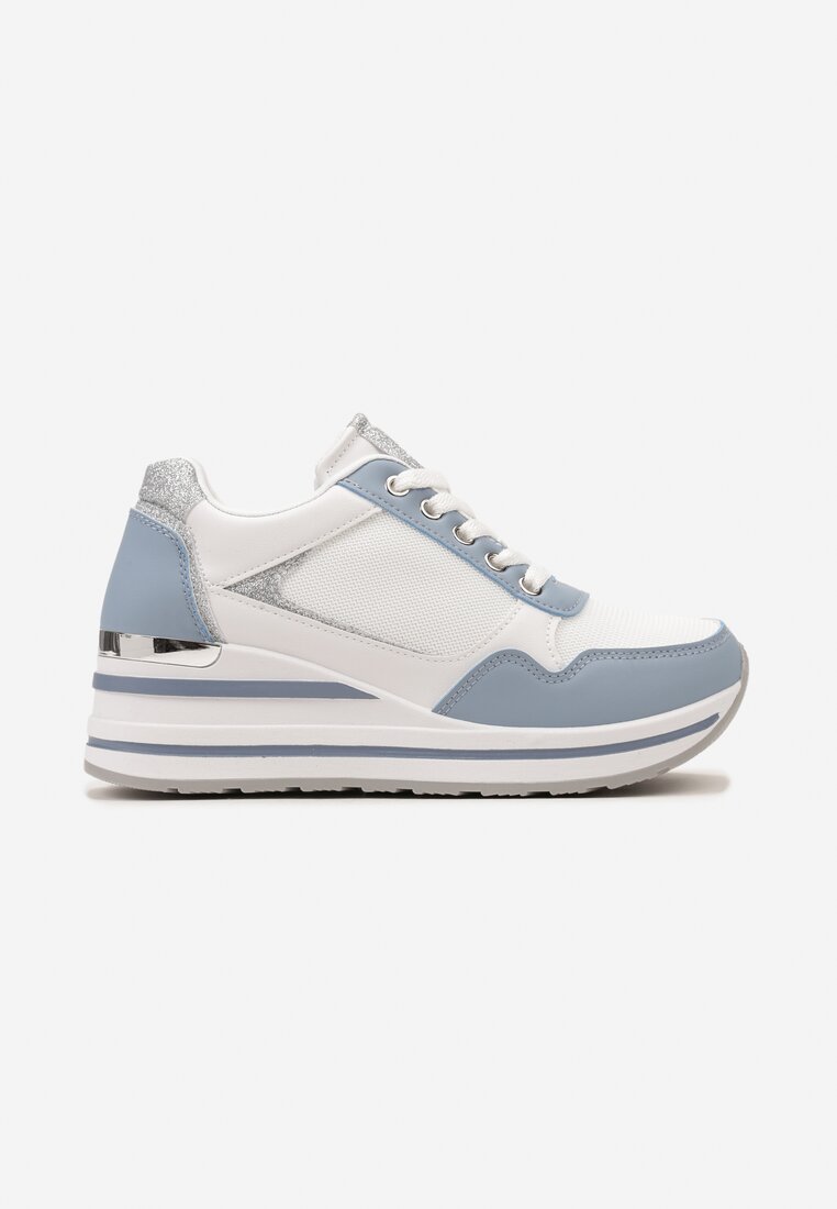 Niebiesko-Białe Sneakersy na Niskiej Platformie ze Wstawkami Brokatowymi Gwenoa