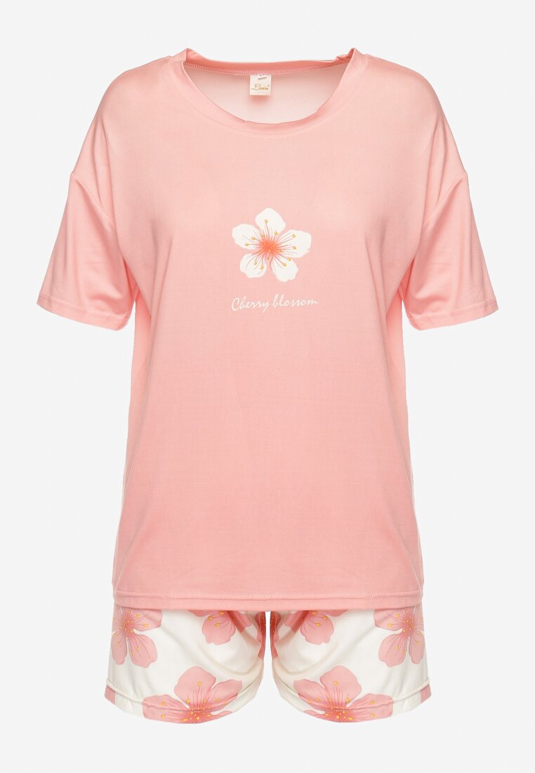 Różowy Komplet Piżamowy Szorty i Koszulka z Krótkim Rękawem i Kwiatowym Motywem Loramia