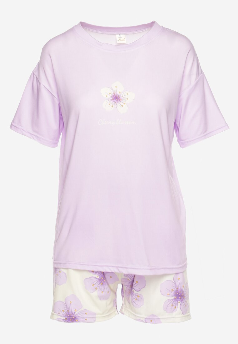Jasnofioletowy Komplet Piżamowy Szorty i Koszulka z Krótkim Rękawem i Kwiatowym Motywem Loramia