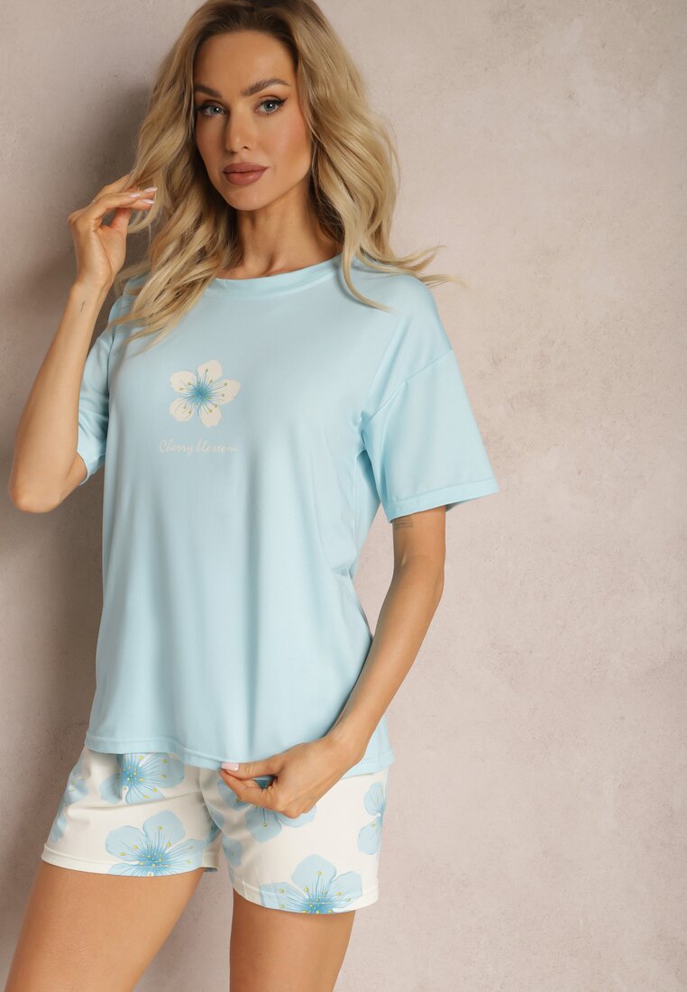 Niebieski Komplet Piżamowy Szorty i Koszulka z Krótkim Rękawem i Kwiatowym Motywem Loramia