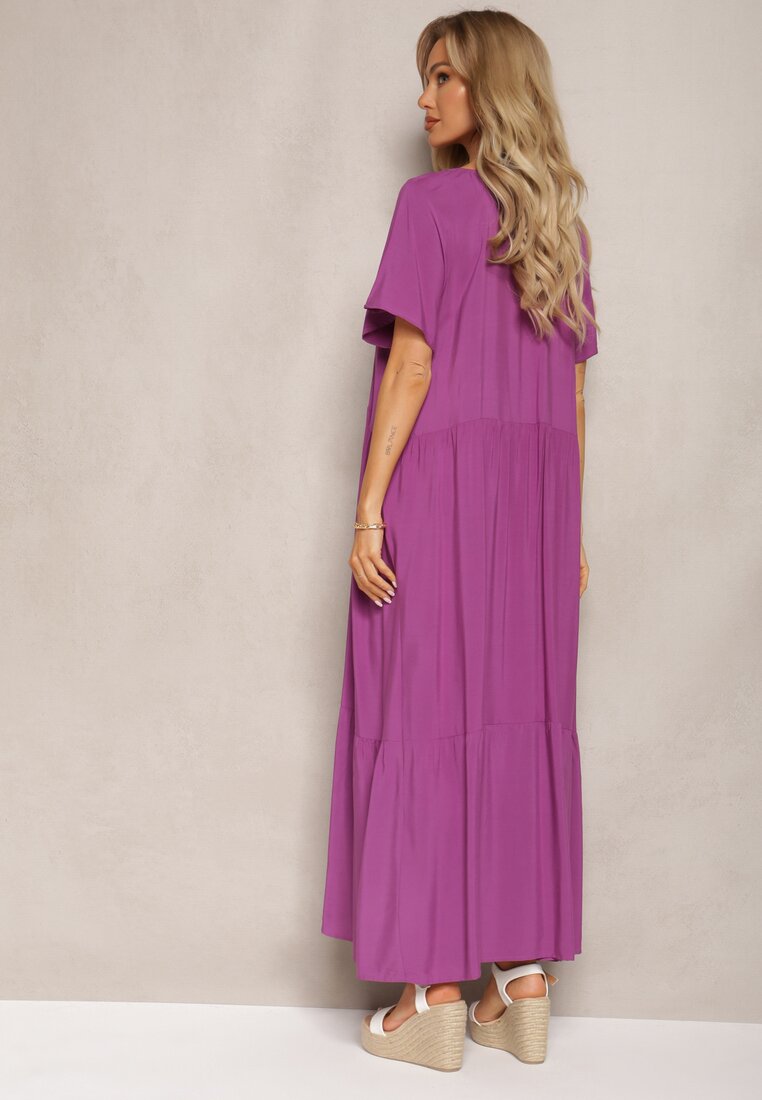 Fioletowa Maxi Sukienka Rozkloszowana z Bawełny z Trójkątnym Dekoltem Eriwen