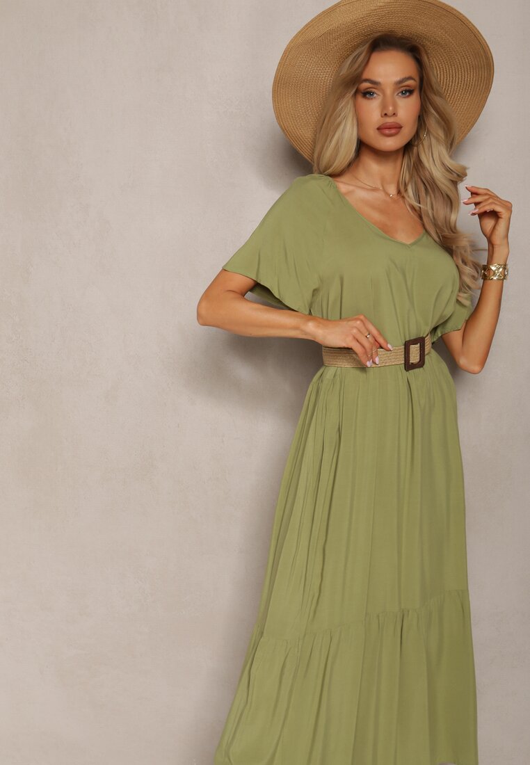 Zielona Maxi Sukienka Rozkloszowana z Bawełny z Trójkątnym Dekoltem Eriwen