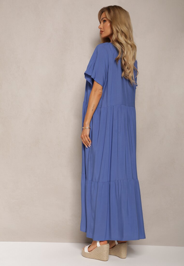 Niebieska Maxi Sukienka Rozkloszowana z Bawełny z Trójkątnym Dekoltem Eriwen