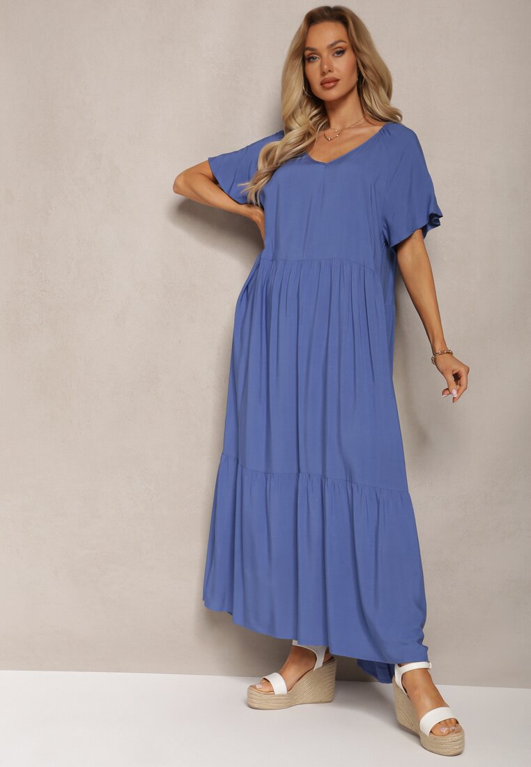Niebieska Maxi Sukienka Rozkloszowana z Bawełny z Trójkątnym Dekoltem Eriwen