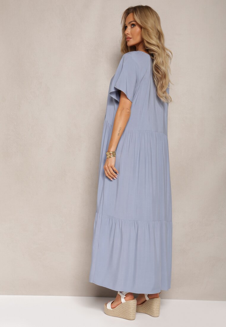 Niebieska Rozkloszowana Sukienka Maxi z Bawełny z Trójkątnym Dekoltem Nastal
