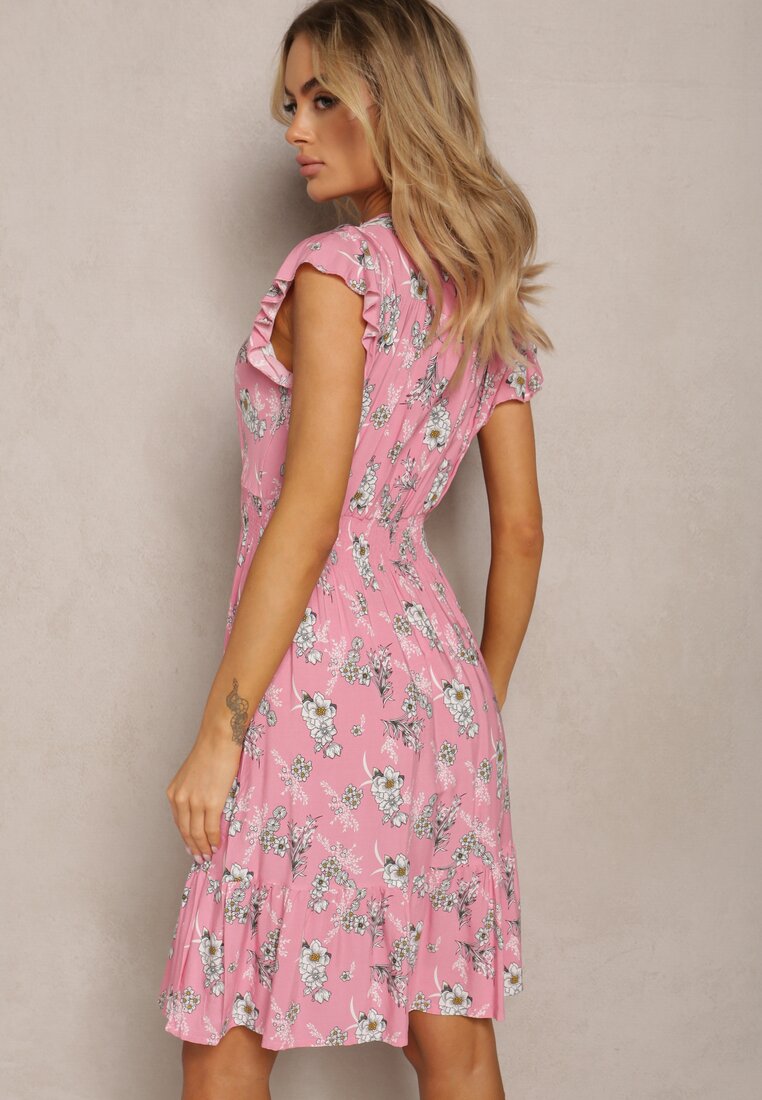 Różowa Kopertowa Sukienka Letnia z Bawełny w Kwiaty Ilivanna