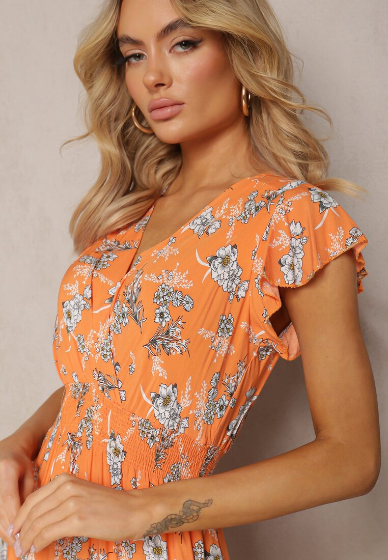 Pomarańczowa Kopertowa Sukienka Letnia z Bawełny w Kwiaty Ilivanna