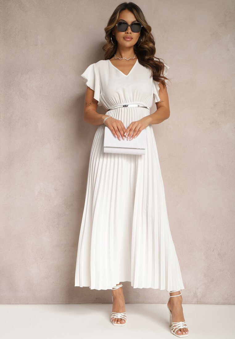 Biała Rozkloszowana Sukienka z Plisami Maxi z Falbankami przy Ramionach Nethula