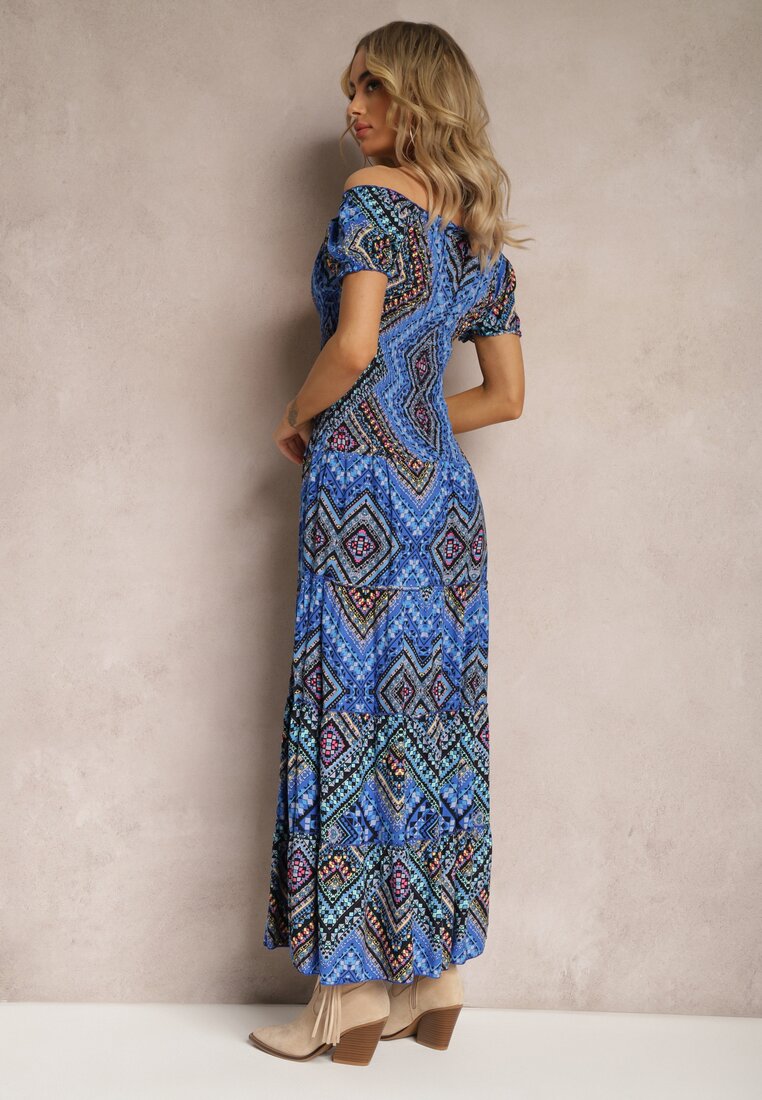 Niebiesko-Granatowa  Sukienka Hiszpanka Boho z Bawełny z Gumką w Talii Lovedia