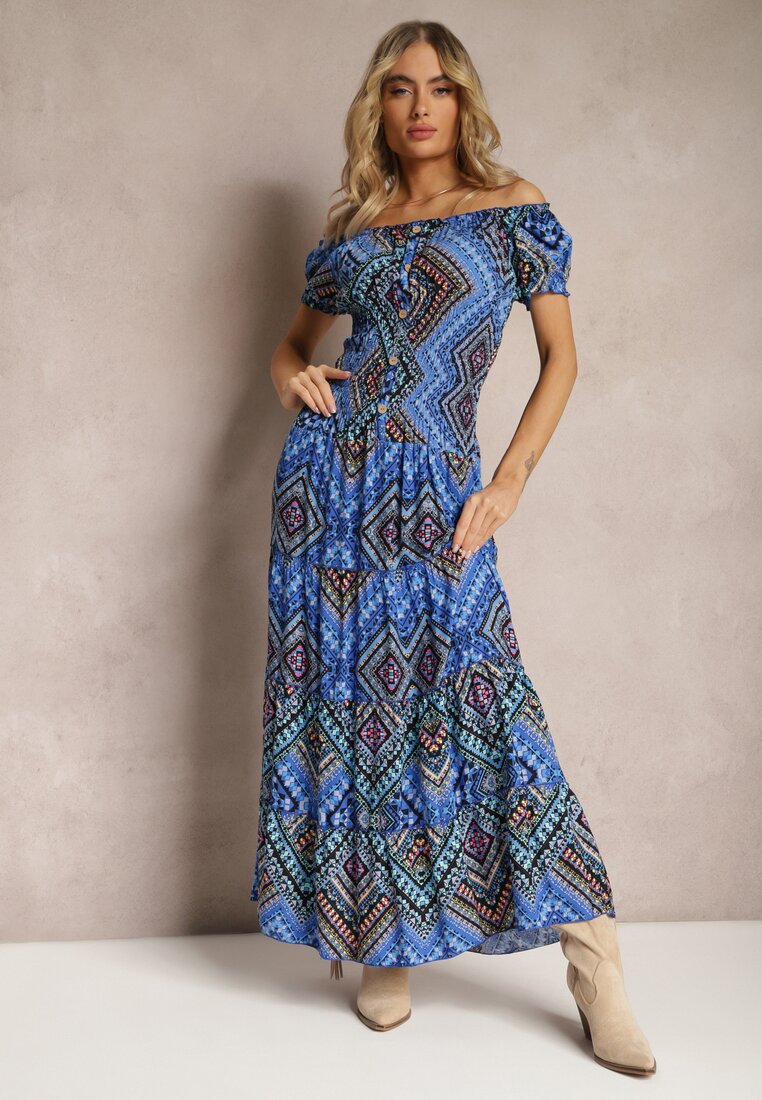 Niebiesko-Granatowa  Sukienka Hiszpanka Boho z Bawełny z Gumką w Talii Lovedia