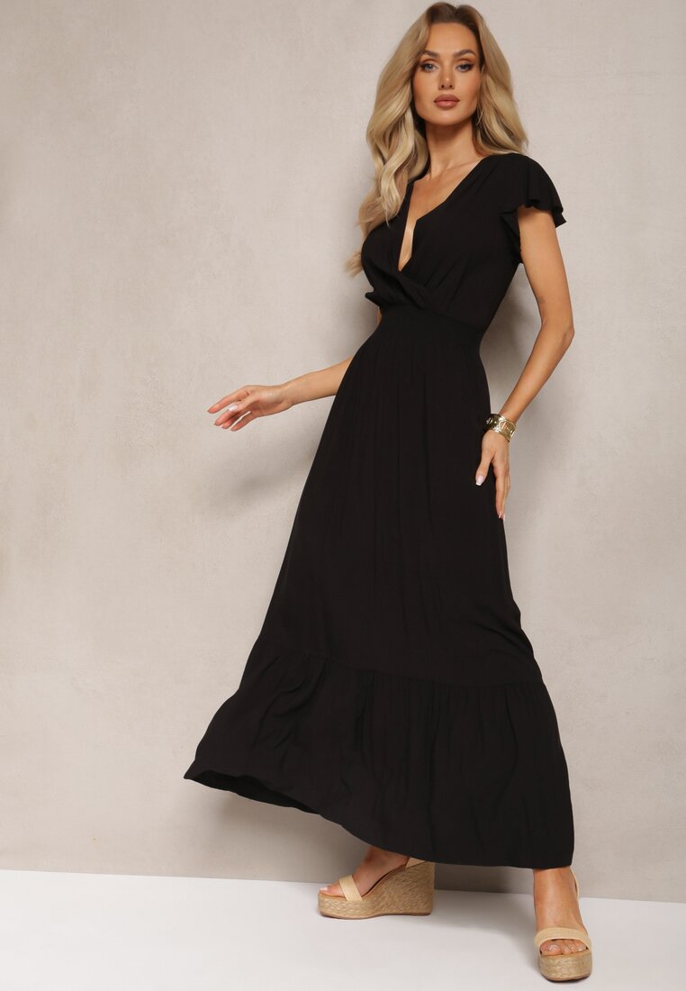 Czarna Rozkloszowana Sukienka Maxi z Bawełny z Kopertowym Dekoltem i Falbankami Quelaria