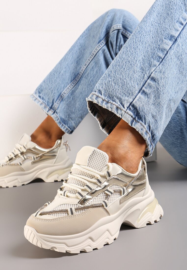 Beżowe Sneakersy z Metalicznymi Wstawkami na Niskiej Platformie z Ozdobnym Sznurkiem Oiriema
