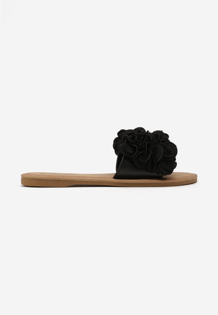 Czarne Klapki z Ozdobnymi Kwiatami 3D na Cholewce Sylphiase