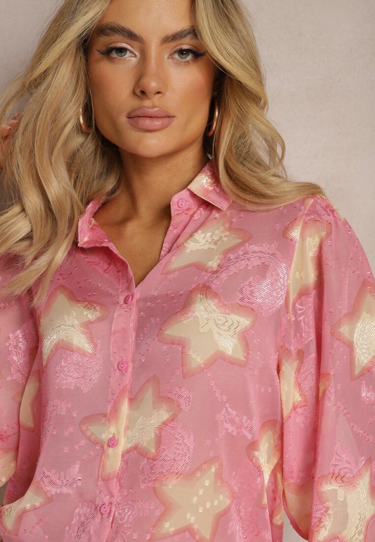 Różowa Transparentna Koszula w Gwiazdy z Luźnymi Rękawami Aicinema