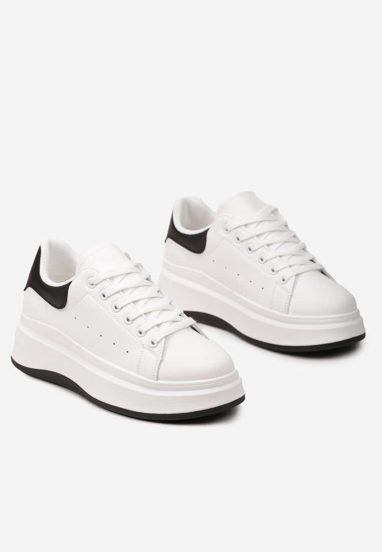 Biało-Czarne Sznurowane Sneakersy z Imitacji Skóry na Platformie Filamena
