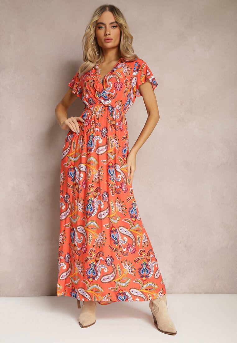 Pomarańczowa Letnia Sukienka z Gumką w Talii z Wiskozy Ozdobiona Wzorem Paisley Uviana