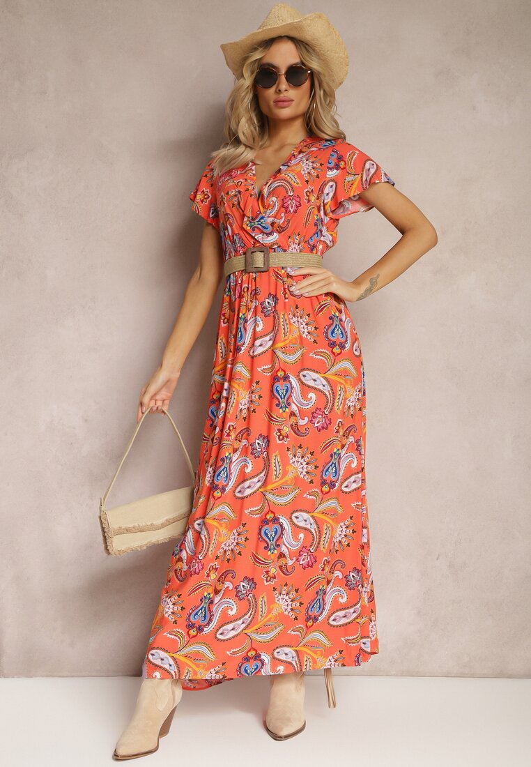 Pomarańczowa Letnia Sukienka z Gumką w Talii z Wiskozy Ozdobiona Wzorem Paisley Uviana