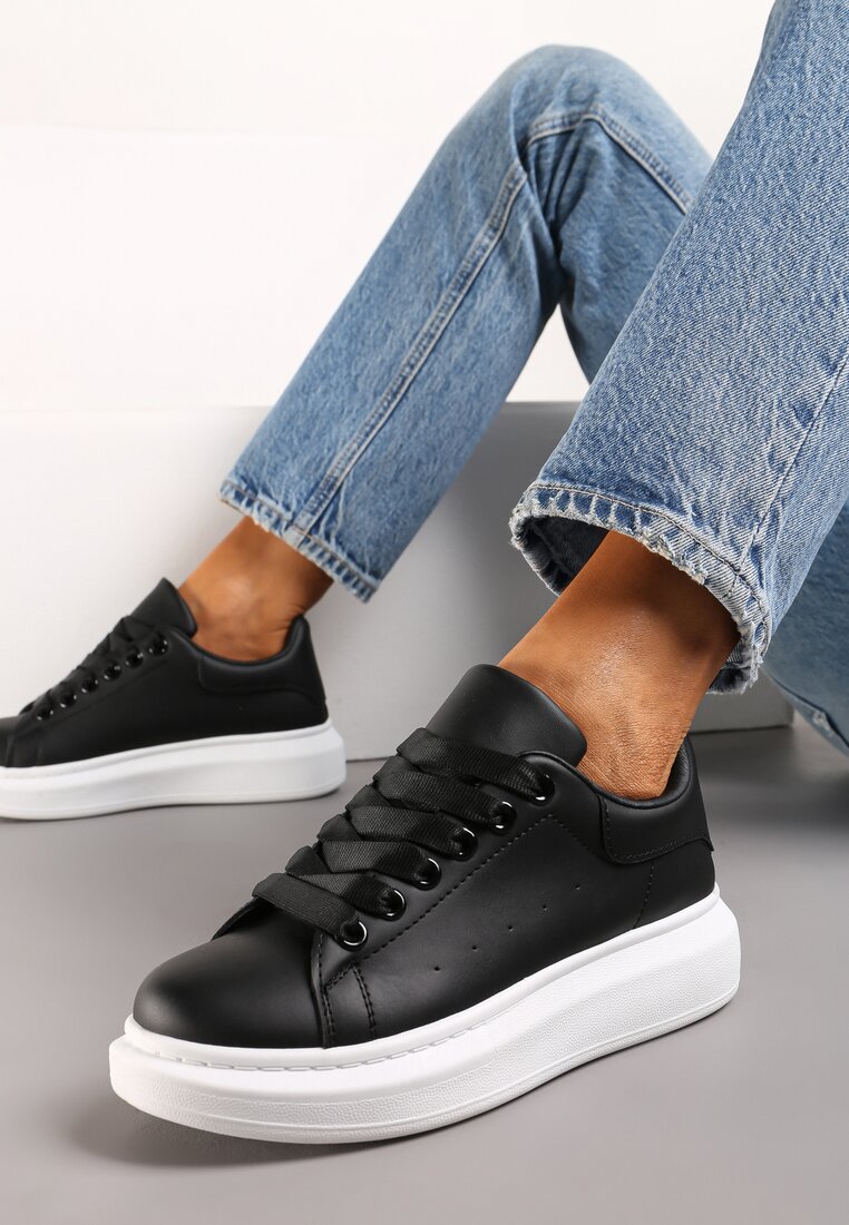 Czarne Sznurowane Sneakersy na Grubej Podeszwie Wicky