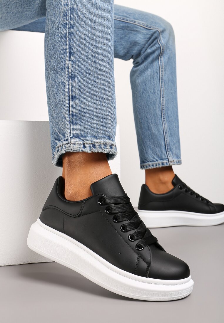 Czarne Sznurowane Sneakersy na Grubej Podeszwie Wicky