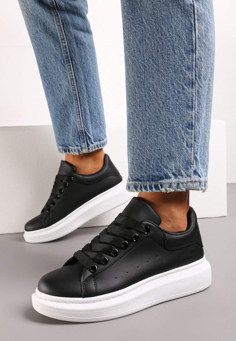 Czarne Sznurowane Sneakersy na Grubej Podeszwie Wicky
