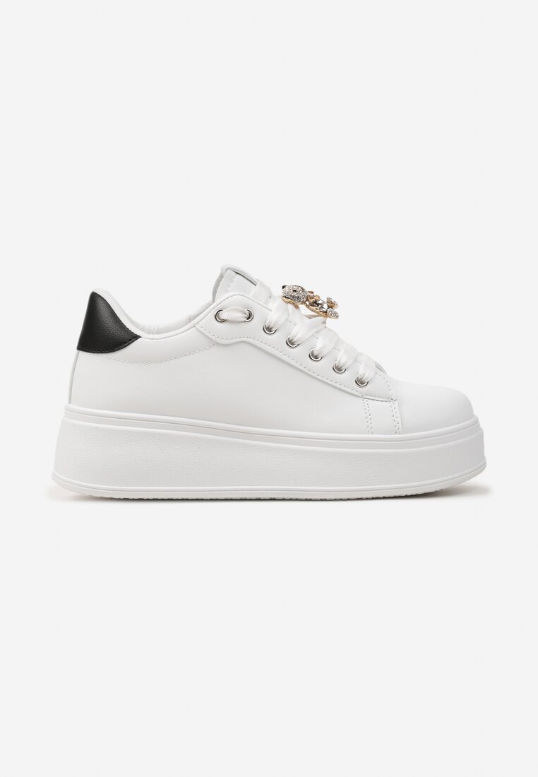Biało-Czarne Sneakersy z Imitacji Skóry na Platformie z Ozdobą z Cyrkonii Imbercca