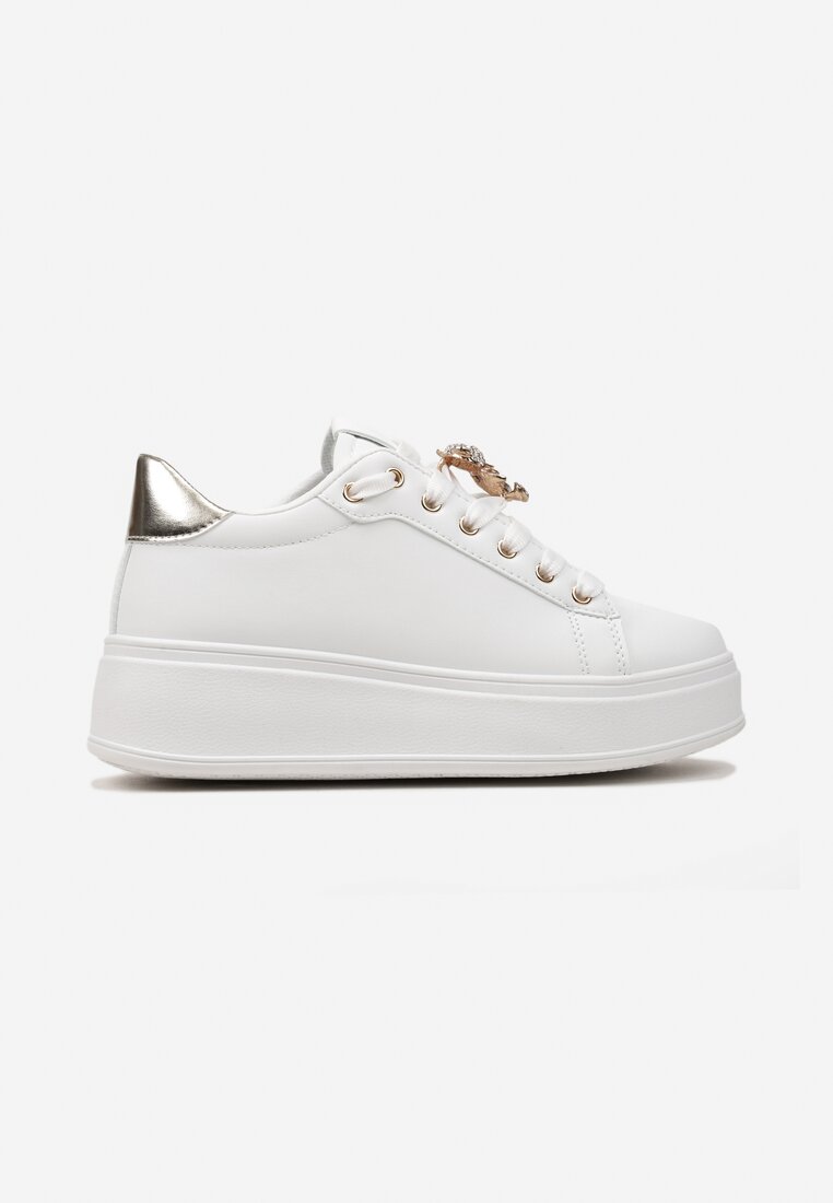 Biało-Złote Sneakersy z Imitacji Skóry na Platformie z Ozdobą z Cyrkonii Imbercca