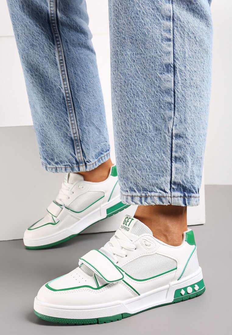 Biało-Zielone Sneakersy z Ozdobnymi Przeszyciami Zapięciem na Rzep przed Kostkę Anihapre